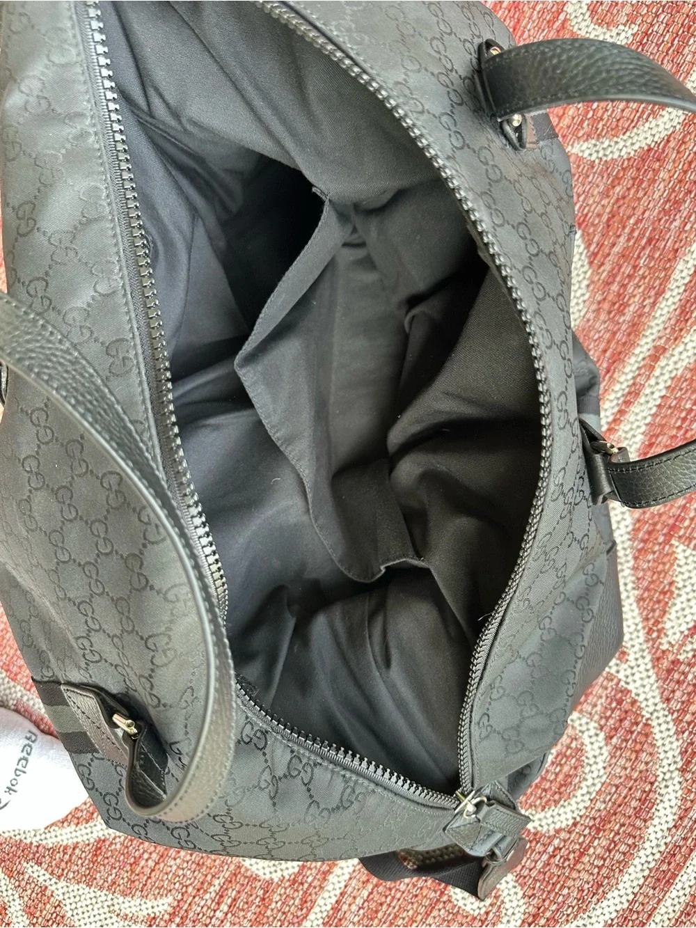 Gucci GG Nylon Duffle Bag Black Leather Trim Travel Weekender Shoulder Bag